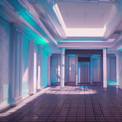 Prompt: liminal space interior of a vaporwave mansion high detail 3D rendered render in unreal engine 8K god rays volumetric lighting trending on art station