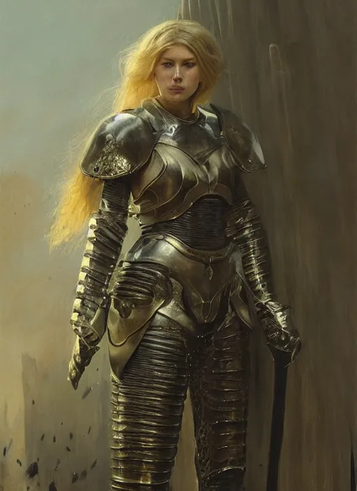 Image similar to young blonde woman wearing a simple black medieval armour, by gaston bussiere, bayard wu, greg rutkowski, giger, maxim verehin, greg rutkowski, masterpiece, sharp focus, cinematic lightning