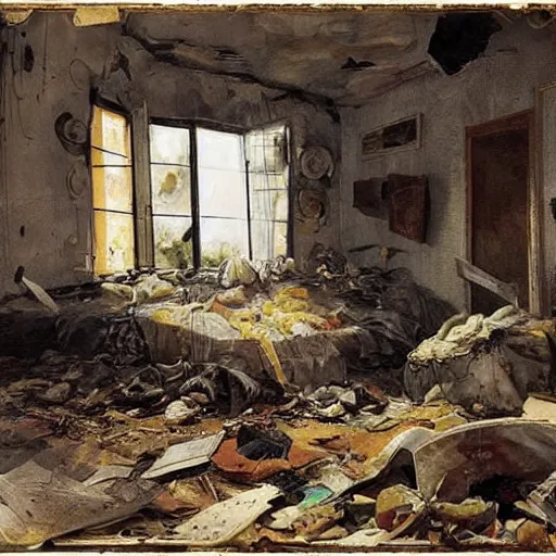 Image similar to by hendrick avercamp, by sabbas apterus warm yellow extemporaneous. a street art of a room that is wrecked, furniture overturned, belongings strewn about, & debris everywhere. the only thing left intact is a photograph on the wall shows a tidy, well - appointed space, with everything in its place.