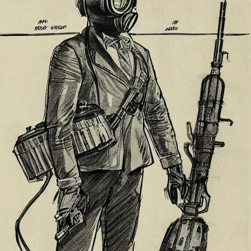 Image similar to concept art of a man with a gas mask and a hunting rifle, by steve ditko, insanely detailed