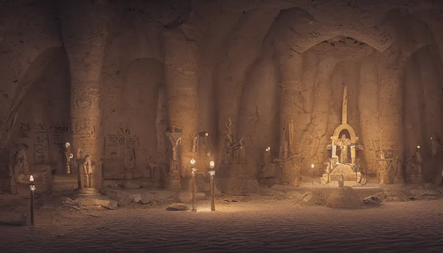 Image similar to egyptian crypt with torchs, cobwebs and statues, sand, adventure, hyperdetailed, artstation, cgsociety, 8 k