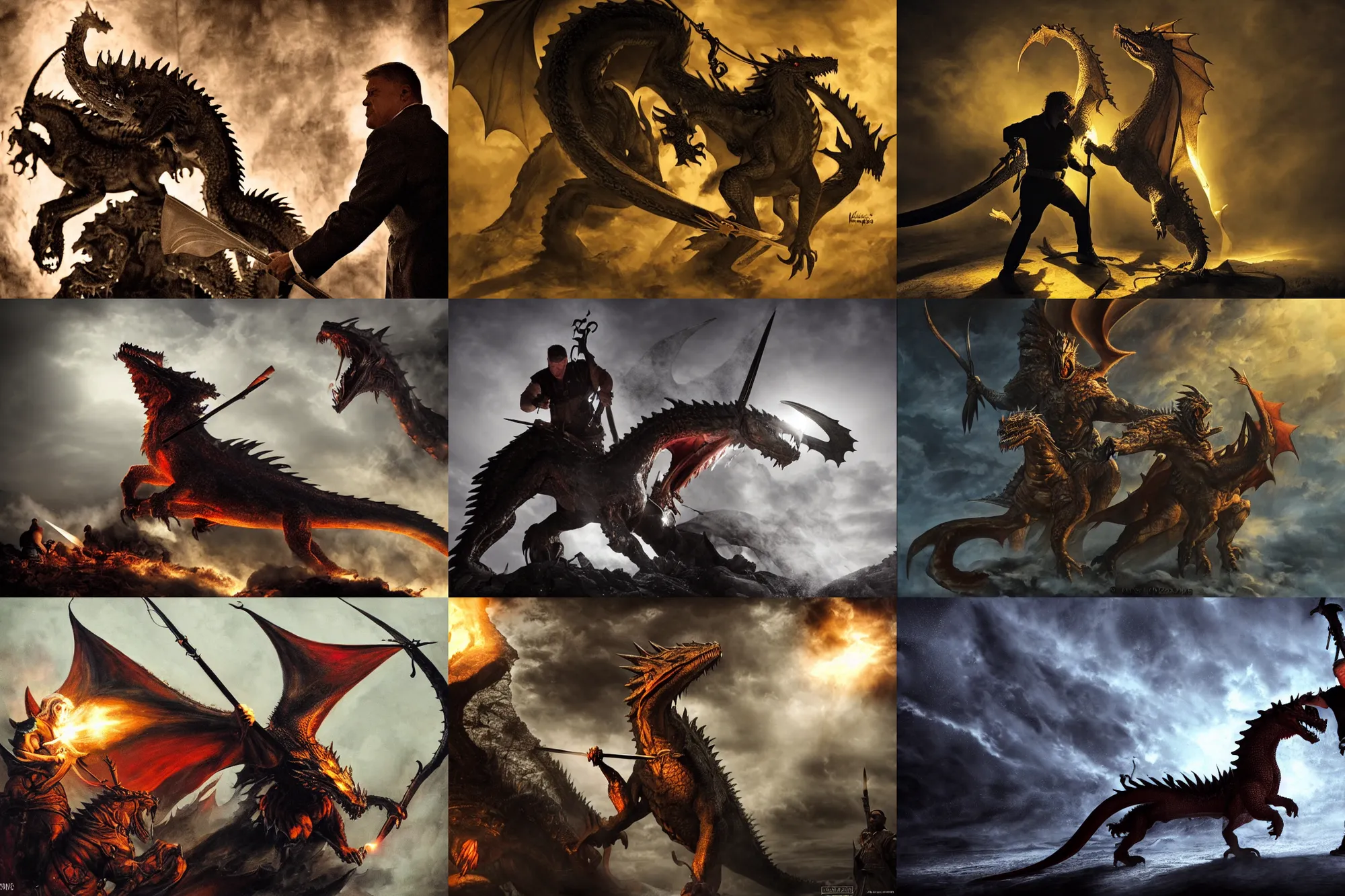 Prompt: Klaus Iohannis slaying a dragon, dramatic lighting