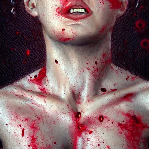 Prompt: UHD closeup of a Photorealistic woman with a giant gaping hole in her chest, heart bursting out, with huge amount of blood gushing out by Antonio Caparo and Ferdinand Knab and Greg Rutkowski, UHD, photorealistic, trending on artstation, trending on deviantart