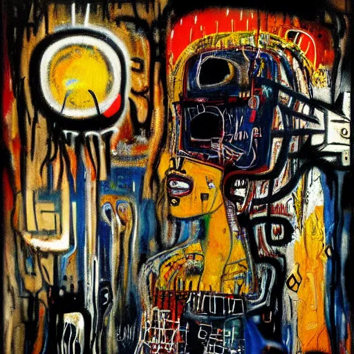 Image similar to beautiful sunrise oil painting by klimt and graffiti by Jean-Michel Basquiat in airbrush by H.R. Giger