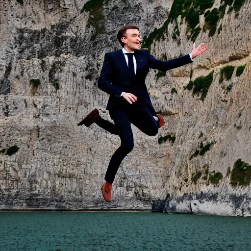 Image similar to Emmanuel Macron jumping of Normandy cliffs, 50mm photography, high quality, 4K