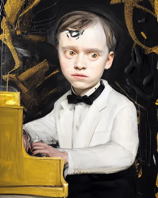 Prompt: 3 d portrait of a child piano player in tuxedo painted by vincent lefevre and hernan bas and pablo amaringo and pat steir and hilma af klint, psychological, photorealistic, dripping paint, washy brush, rendered in octane, altermodern, masterpiece