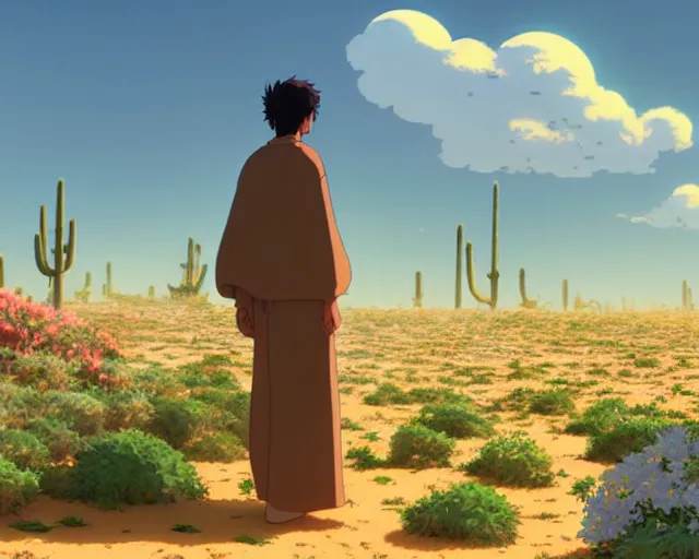 Image similar to an arabic man in the desert with wildflowers, makoto shinkai, loish, studio ghibli, tooth wu