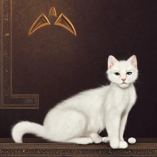 Prompt: A cute heraldic white kitty cat queen posing with one paw pointing slightly up, D&D, fantasy, intricate, cinematic lighting, highly detailed, digital painting, artstation, concept art, smooth, sharp focus, illustration, art by Akihiko Yoshida, Greg Rutkowski and Alphonse Mucha