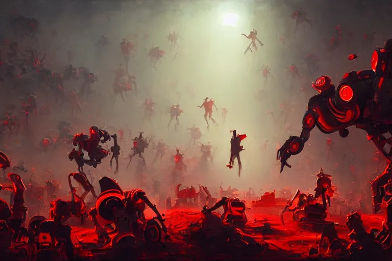 Image similar to a painting of an eager crowd of robots and people running into oblivion by Jasper Ejsing, James Jean, epic scene, dramatic light, red color-scheme, hd, octane8