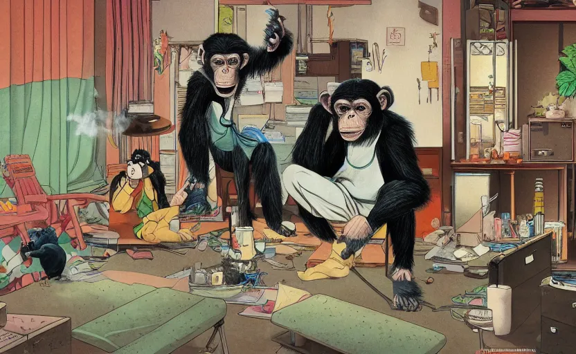 Prompt: a funny chimpanzee smoking weed in a rundown apartment, digital painting masterpiece, painted by joji morikawa, by osamu tezuka, by yukito kishiro, by ikuto yamashita, 4 k wallpaper, beautiful, gorgeous, intricate detail