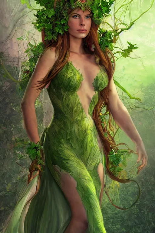 Prompt: portrait of mariel hemingway as titania, summer queen. faerie queen. queen of light, green, poison ivy, made by caravaggio stanley artgerm lau wlop rossdraws artstation cgsociety concept art cgsociety octane render