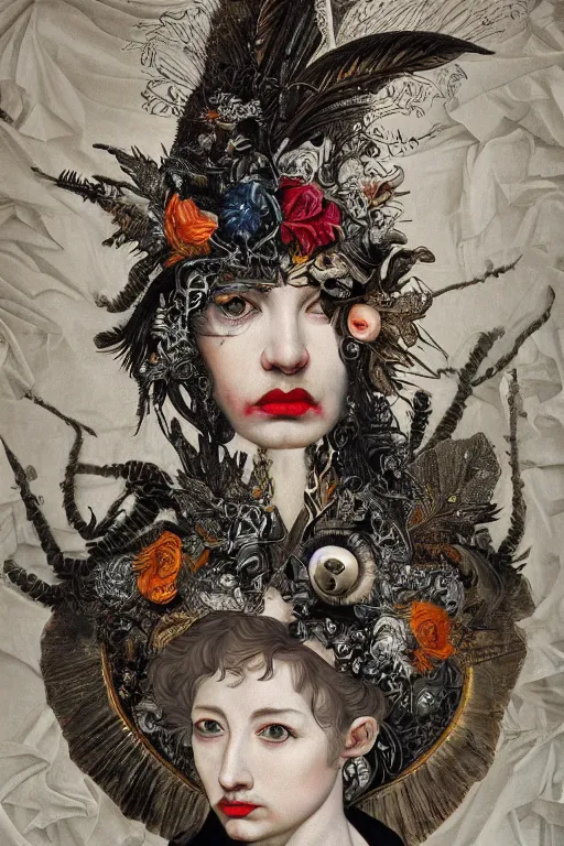 Image similar to Detailed maximalist portrait with large lips and wide white eyes, angry expression, HD 3D mixed media collage, highly detailed and intricate illustration in the style of Caravaggio, surreal dark art, baroque