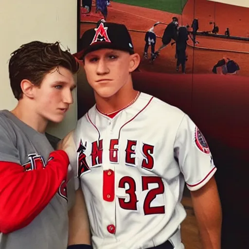 Prompt: “a realistic detailed photo of a guy who is named Mike Trout, hypnotized by Tom Holland, baseball player”