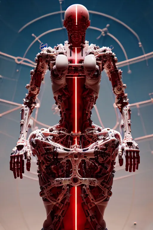 Prompt: a statue jesus on cross made of red marble, space station, perfect symmetrical body, full body shot, white biomechanical, wearing epic bionic cyborg implants, inflateble shapes, tubes, wires, veins, masterpiece, intricate, biopunk, vogue, highly detailed, artstation, concept art, background galaxy, cyberpunk, octane render