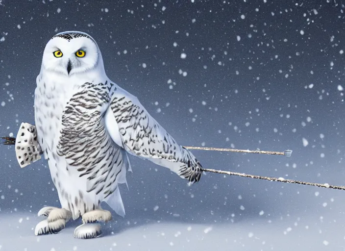 Image similar to an snowy owl ranger carrying a bow and arrow in a vast snowy landscape looking for tracks, hyperdetailed and intricate, 8 k render, indie game concept art