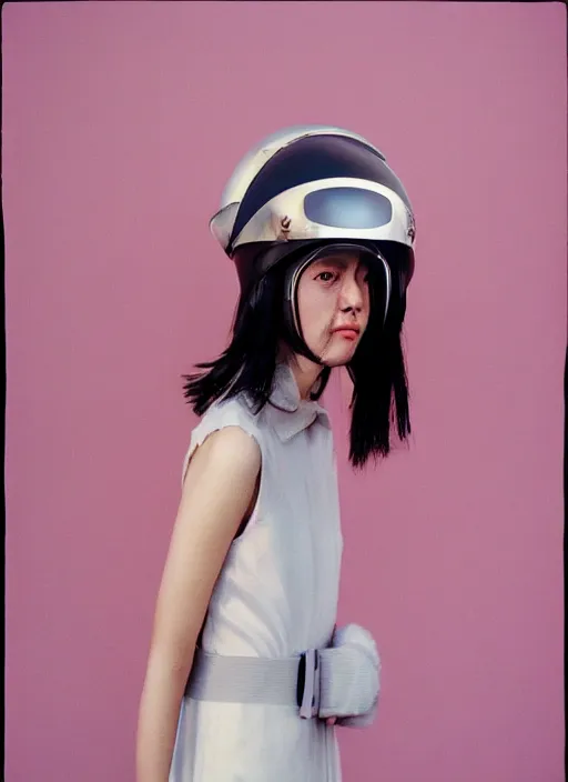 Image similar to a fashion portrait photograph of a woman wearing a helmet designed by tadao ando, 3 5 mm, color film camera,