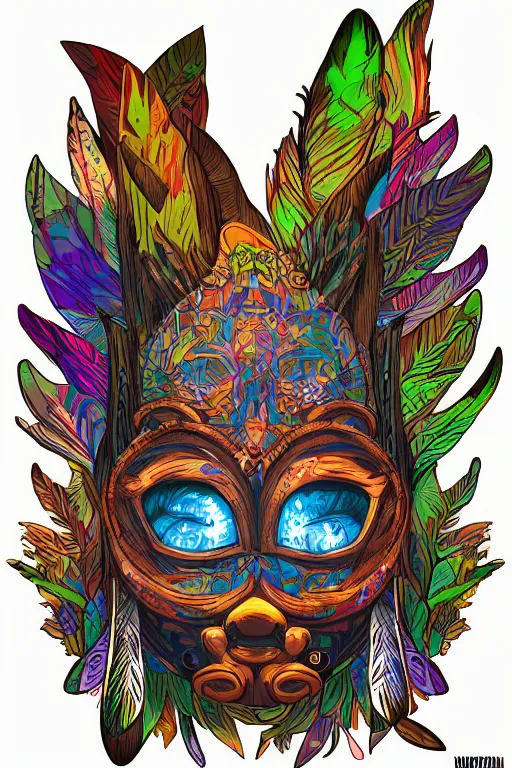 Image similar to animal mask totem roots flower tribal feather gemstone plant wood rock shaman vodoo video game vector cutout illustration vivid multicolor borderlands comics by josan gonzales and dan mumford radiating a glowing aura