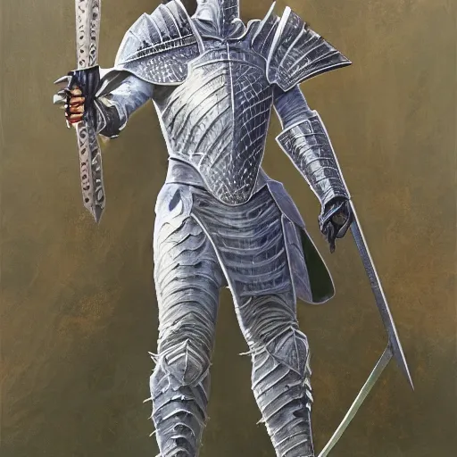 Image similar to albino wearing armor and wielding a long black sword, by michael whelan