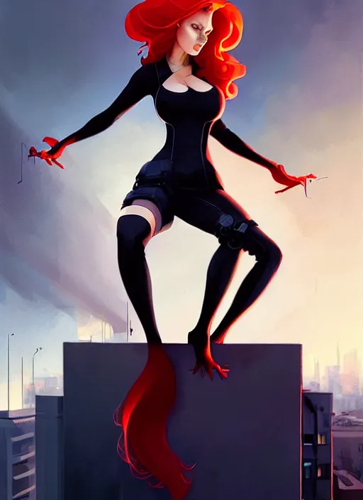 Image similar to peter mohrbacher, phil noto, artgerm, pretty scarlett johansson black widow, symmetrical eyes, long red hair, full body, city rooftop