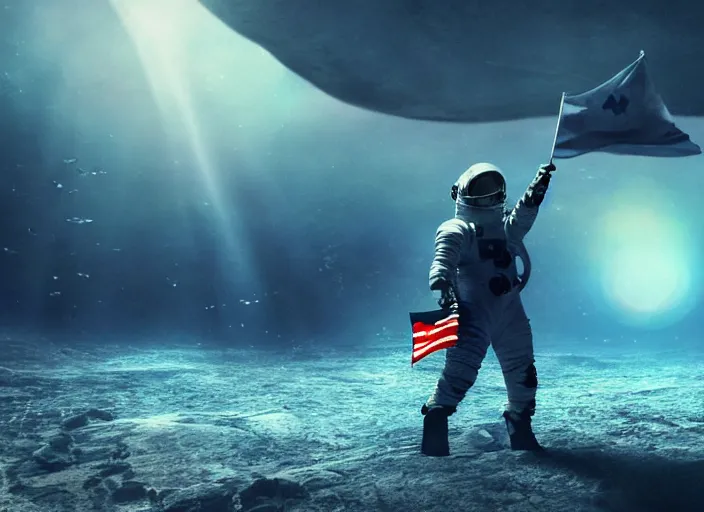 Image similar to astronaut holding a flag in an underwater desert. a submarine is visible in the distance. dark, concept art, cinematic, dramatic, atmospheric, 8 k, trending on artstation, blue, fish, low visibility, light rays, extremely coherent, bubbles, fog, ocean floor, christopher nolan, interstellar