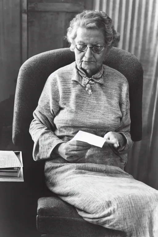 Prompt: an old lady sitting in a comfortable chair reading a letter, 1 9 5 0 s