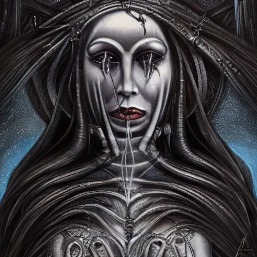 Prompt: illustration of a freaky goddess with a dark moon in the far distance by HR giger, ultradetailed, beautiful, happy, outstanding, trending on artstation, 8k