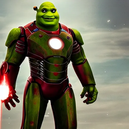 Image similar to “Shrek iron man, UHD, hyperrealistic render, 4k, cyberpunk”