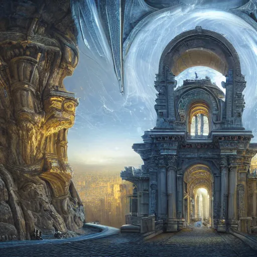 Prompt: carved futuristic gateway at the end of ancient ornate steps with a large wide window to a city which details the vast architectural scientific ancient and cultural achievements of humankind, magical atmosphere, molecules and machines, renato muccillo, jorge jacinto, damian kryzwonos, ede laszlo, highly detailed digital art, cinematic blue and gold