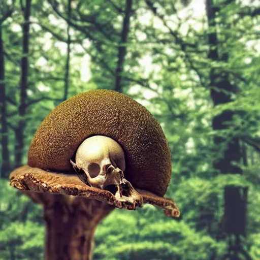 Prompt: alien mushrooms growing from a skull in the woods
