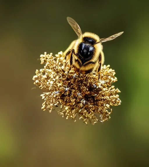 Image similar to super macro photo of a bee made of gold on a flower in a forest. dof. bokeh. magical atmosphere. art by greg rutkowski. lifelike. very detailed 8 k. intricate. soft light. nikon d 8 5 0.