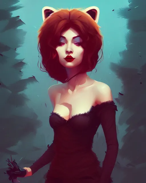 Image similar to a beautiful whimsical woman with ( red panda ) features, in professional makeup, fantasy, acidwave, dramatic lighting, digital art by lois van baarle, greg rutkowski, ( ilya kuvshinov ), highly detailed, muted colors, artstation