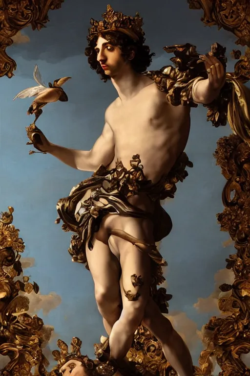 Image similar to a young handsome Spanish prince in a full-body bronze baroque statue floating in midair with his arms arched back, crown of peach roses, opening in his chest with a glowing blue battery. full-length view. baroque element. intricate artwork by caravaggio. many many birds birds on background. Trending on artstation, octane render, cinematic lighting from the right, hyper realism, octane render, 8k, depth of field, 3D