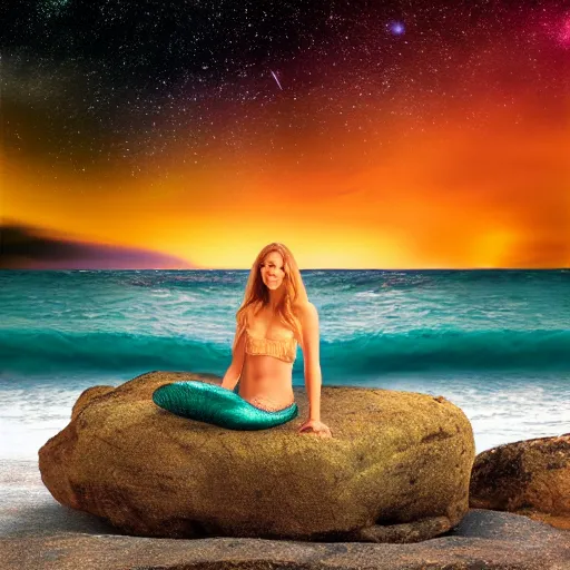 Image similar to a mermaid sitting on a rock, beach, starry sky, sunset