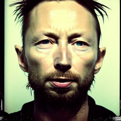 Image similar to Mugshot Portrait of Thom Yorke, taken in the 1970s, photo taken on a 1970s polaroid camera, grainy, real life, hyperrealistic, ultra realistic, realistic, highly detailed, epic, HD quality, 8k resolution, body and headshot, film still, front facing, front view, headshot and bodyshot, detailed face, very detailed face