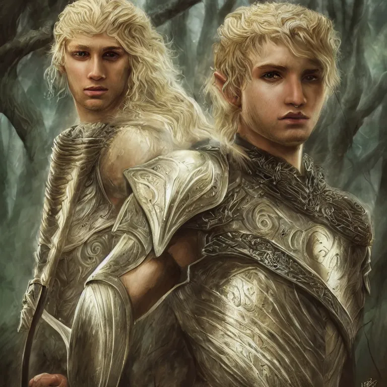 Prompt: elvish blonde male warrior, magical forest, lord of the rings style, realistic, full body, fantasy, sharp focus, 8 k high definition, character portrait, portrait, concept art, insanely detailed, intricate, elegant