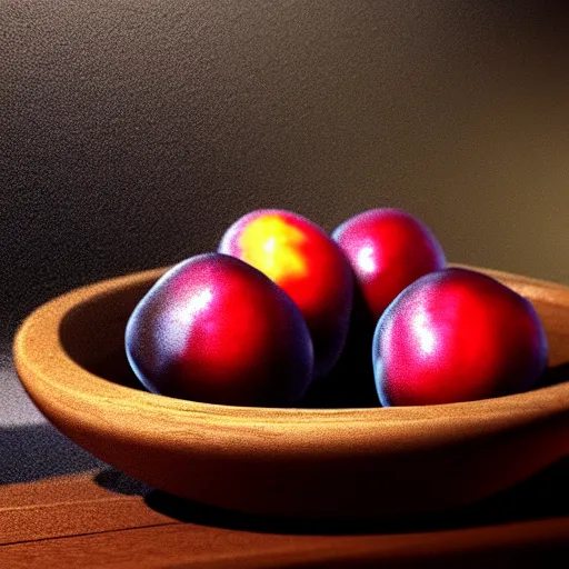 Prompt: concept art of a single bowl filled with a few moist freshly picked plums on a wooden table. digital painting, illustration, volumetric lighting, highly detailed, small scale, artistic, trending on artstation.