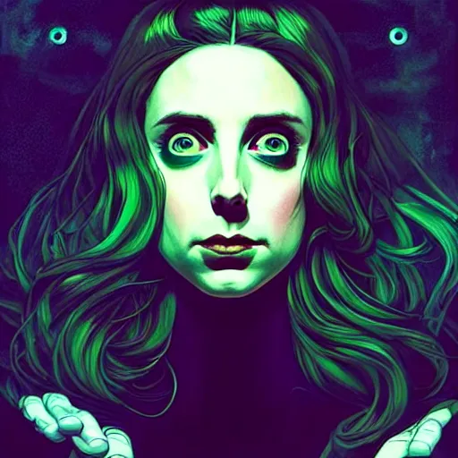 Image similar to in the style of joshua middleton, beautiful alison brie magician, black magic spells, full body green dress, creepy pose, bioshock, spooky, symmetrical face symmetrical eyes, three point lighting, detailed realistic eyes, aquapunk, insanely detailed and intricate elegant, artgerm, underwater home