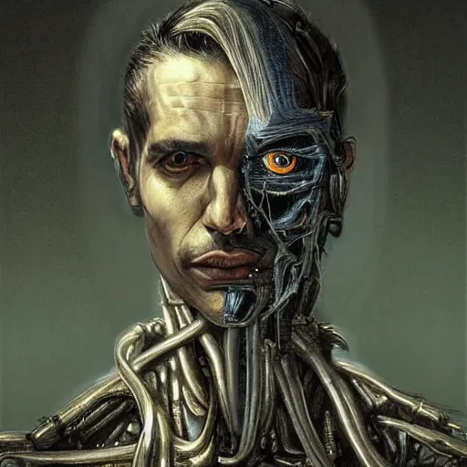 Image similar to surreal portrait of a man by Greg Rutkowski and H.R Giger, he is about 30 years old, messy long black hair, tired appearance, roman nose, peaceful but sad and resigned expression, martyred as a biomechanical transhuman cyborg god, eyes glow electric blue, cosmic void background, frightening, fascinating, highly detailed portrait, digital painting, book cover, artstation, concept art, smooth, sharp foccus ilustration, Artstation HQ.