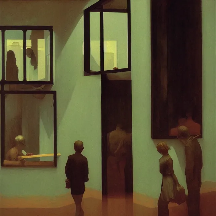 Prompt: people inside flooded museum looking through the window Edward Hopper and James Gilleard, Zdzislaw Beksinski, highly detailed