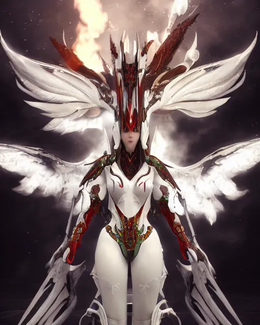 Prompt: flame dragon wearing white dove wings, warframe armor, regal, attractive, ornate, sultry, sexy, beautiful, elize theron, pretty face, green eyes, scifi platform, 4 k, ultra realistic, epic lighting, illuminated, cinematic, black gold, art by akihito tsukushi, voidstar