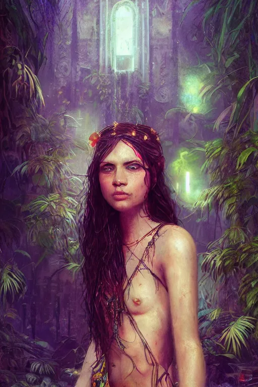 Image similar to portrait of bohemian girl in the jungle of tulum mexico, staring directly into camera, intricate, elegant, glowing lights, highly detailed, digital painting, artstation, sharp focus, illustration, art by wlop, mars ravelo and greg rutkowski