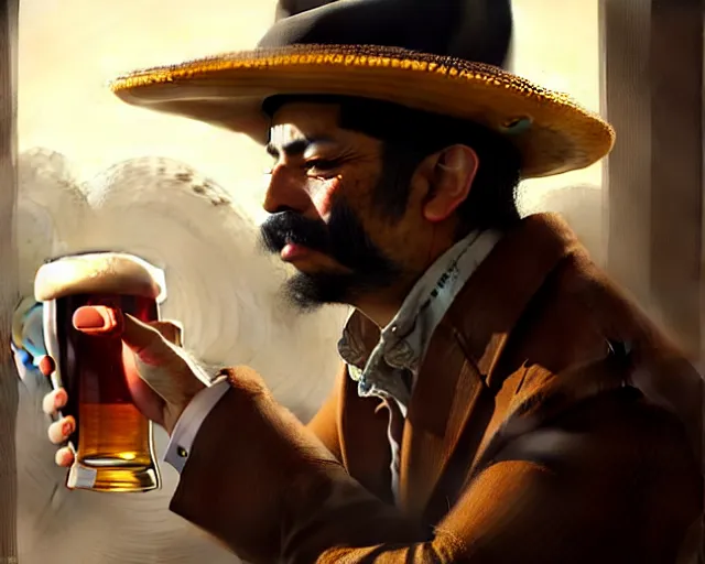 Image similar to a mexican man with hat drinking a beer on train station, fantasy, intricate, elegant, highly detailed, digital painting, artstation, concept art, matte, sharp focus, illustration, art by aenaluck and roberto ferri and greg rutkowski, epic