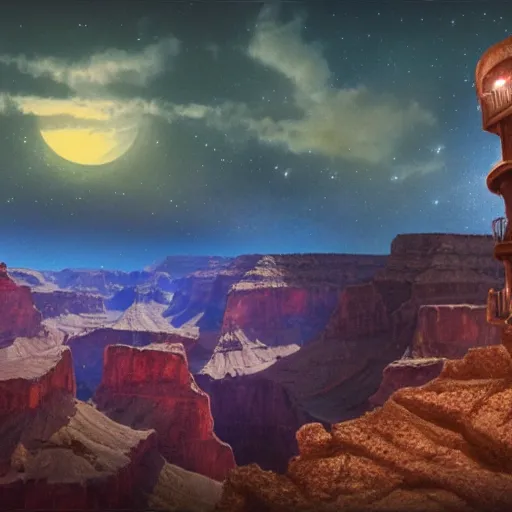 Prompt: matte painting of a giant glowing pirate ship in the grand canyon at night