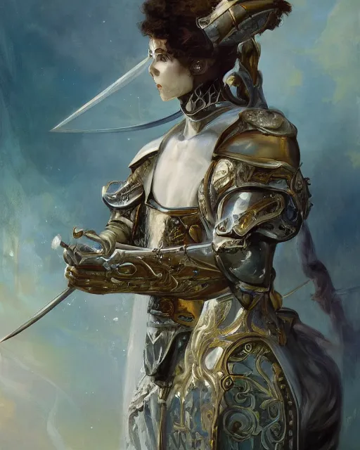 Prompt: neo-baroque portrait of a noble knight casting spells with his swords, 4K trending on artstation by peter mohrbacher and hilda af klimt