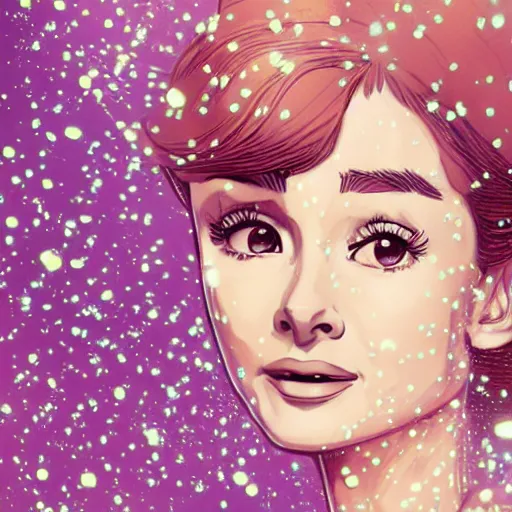 Image similar to portrait of young audrey hepburn smiling with flowers raining over her. sharp focus, cinematic pose, cinematic lighting, unreal engine render. art by josan gonzales and moebius and deathburger.