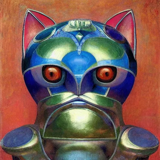 Image similar to painting of a bejeweled robot cat head, by annie swynnerton and diego rivera and nicholas roerich and jean delville, symbolist, dramatic lighting, god rays, elaborate geometric ornament, art brut, rich colors, smooth, sharp focus, extremely detailed, adolf wolfli and ( donato giancola )