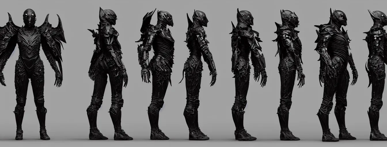 Image similar to winged infernal batwing armor suit humanoid character sheet, elden ring themed dark sf, intricate artwork masterpiece, ominous, dramatic horror cinematic lighting, volumetric 8 k, by josan gonzalez, alexey egorov, kilian eng, trending on cgsociety, octane render, 8 k