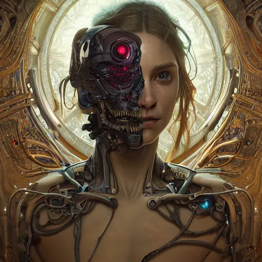 Prompt: portrait painting of a biomech cyborg zombie, ultra realistic, concept art, intricate details, eerie, highly detailed, photorealistic, octane render, 8 k, unreal engine. art by artgerm and greg rutkowski and alphonse mucha