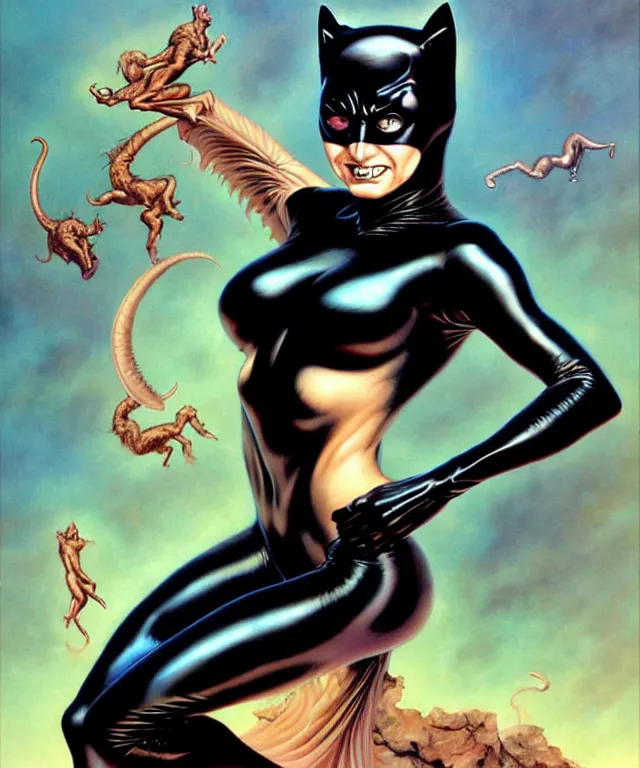 Image similar to cat woman from batman in the style of boris vallejo, hajime sorayama, peter mohrbacher, wayne barlowe, gustav moreau, bussiere, roberto ferri, santiago caruso, luis ricardo falero, austin osman spare, dali