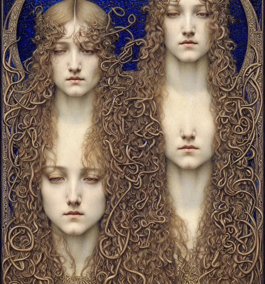 Image similar to detailed realistic beautiful young medieval queen face portrait by jean delville, gustave dore and marco mazzoni, art nouveau, symbolist, visionary, gothic, pre - raphaelite. horizontal symmetry